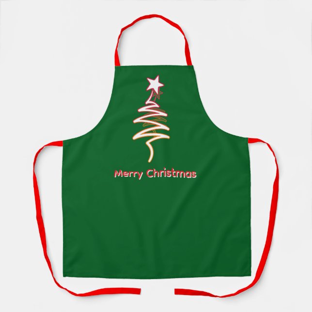 Scribble Tree + Star Merry Christmas Green   Apron (Front)