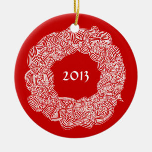 Scribbleprints Wreath - White, on Red Ceramic Ornament