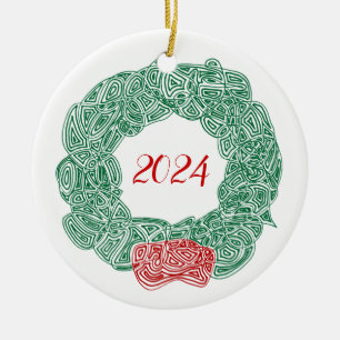 Scribbleprints Wreath - White, on Red Ceramic Ornament