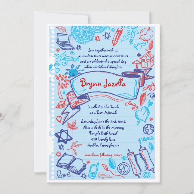 SCRIBBLES on NOTEPAPER Bat Bat Mitzvah Invitation (Front)