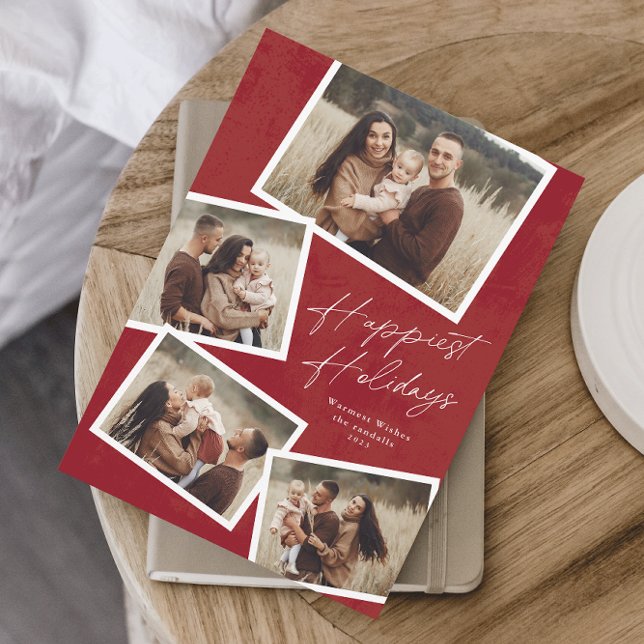 Script 4 Photo Collage Happiest Holidays Magnetic  (Modern Script 4 Photo Collage Happy Holidays Card in red.)