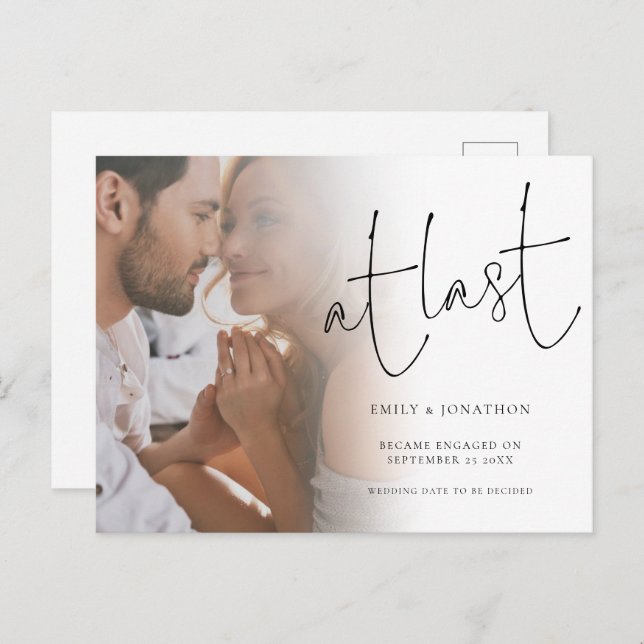 Script At Last Photo Engagement Announcement Postcard (Front/Back)