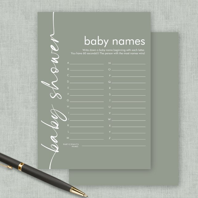Script Baby Names Shower Game Sage Card (Available digitally or printed)