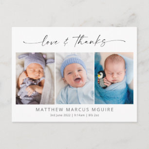 Script baby thank you card, love and thanks postcard