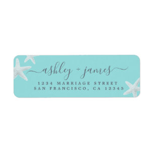 Script Beach Starfish Blue Wedding Return Address Label
