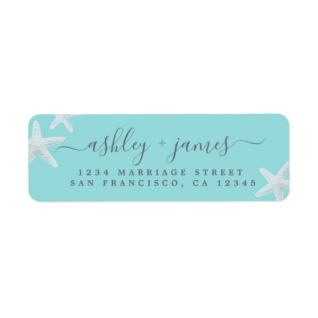 Script Beach Starfish Blue Wedding Return Address Label (Front)