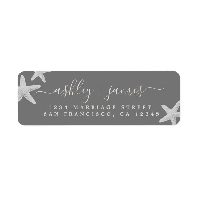 Script Beach Starfish Grey Wedding Return Address Label (Front)