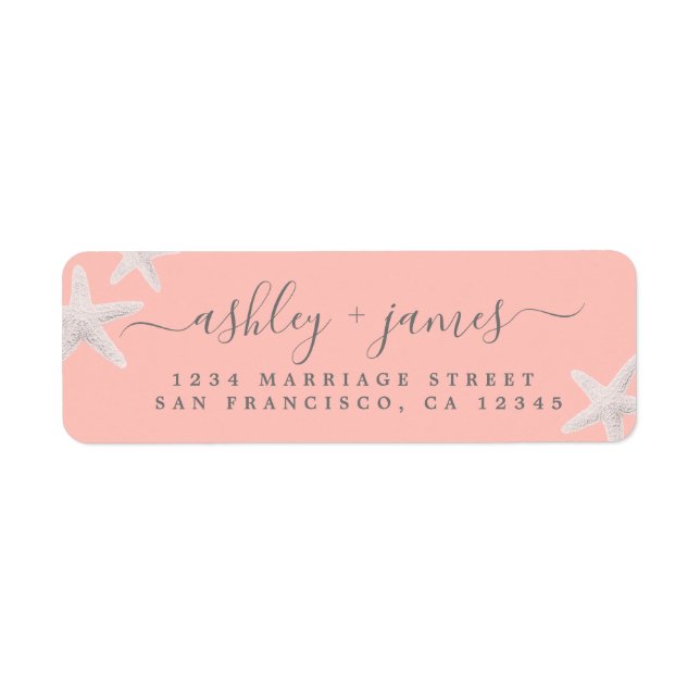 Script Beach Starfish Pink Wedding Return Address Label (Front)