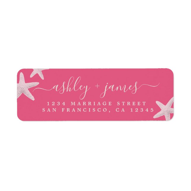 Script Beach Starfish Pink Wedding Return Address Label (Front)