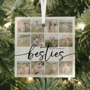 Script Besties Photo Collage Personalized Glass Tree Decoration