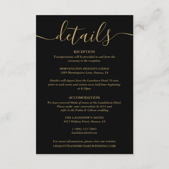 Script Black And Gold Wedding Details Information Enclosure Card (Front)