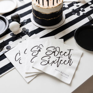 Script Black and White Sweet Sixteen Custom Name Napkin
