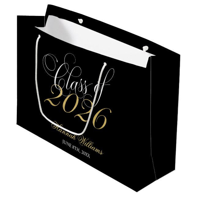 Script Black Gold Class of 2024 Graduation Large Gift Bag (Front Angled)