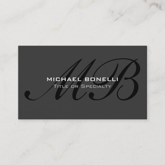 Script black monogram grey trendy business card (Front)