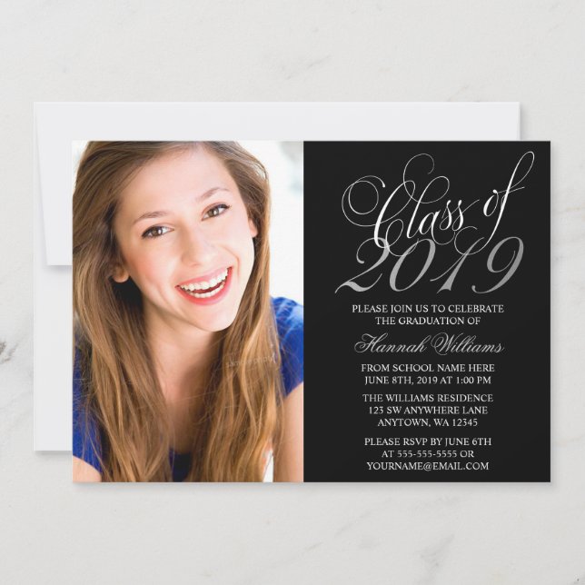 Script Black Silver Photo Graduation Announcement (Front)