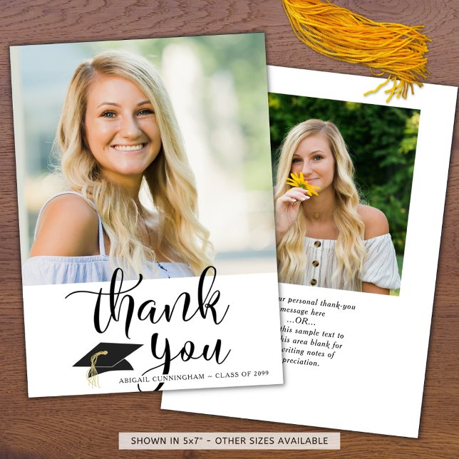 Script Black White 2 Photo Graduation Thank You Card (Creator Uploaded)