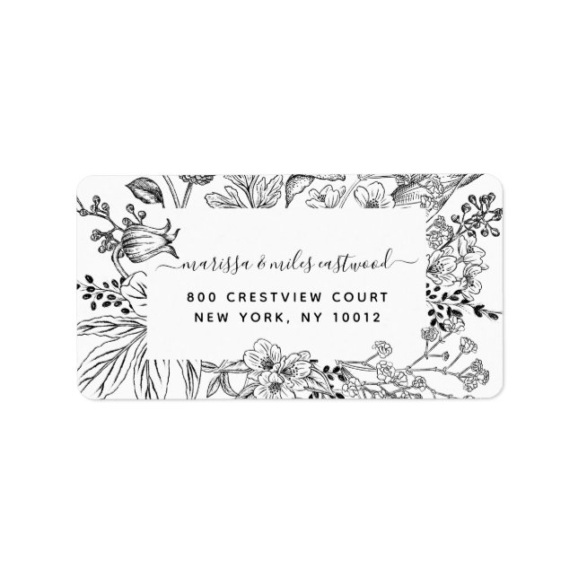 Script Black White Floral Return Address Label (Front)