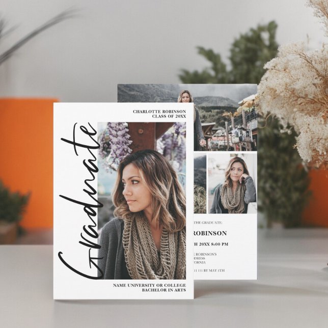  Script black white graduate photo graduation Invitation (Script black white graduate photo graduation Invitation)