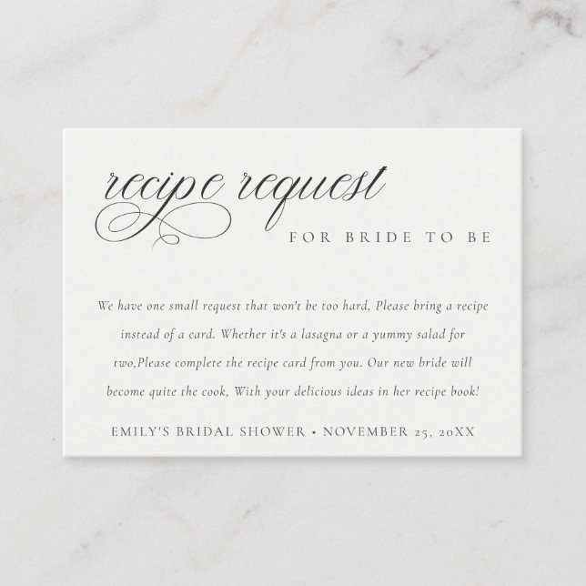 Script Black White Recipe Request Bridal Shower Enclosure Card (Front)