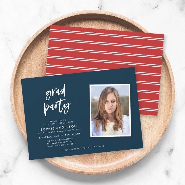 Script Blue and Red Photo Graduation Party Invitation (Creator Uploaded)