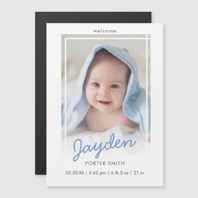 Script Blue Boy Photo Birth Announcement (Front/Back)