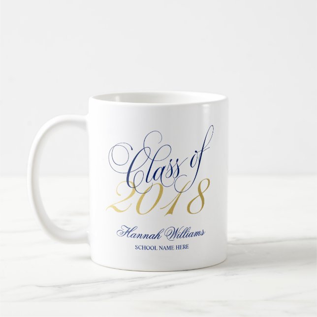 Script Blue Gold Class of 2018 Graduation Custom Coffee Mug (Left)