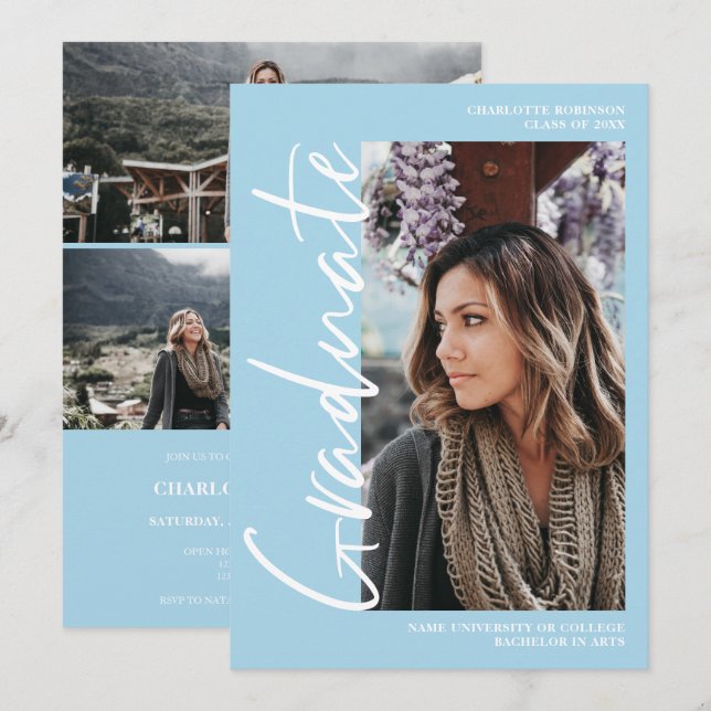  Script blue graduate photo graduation Invitation (Front/Back)