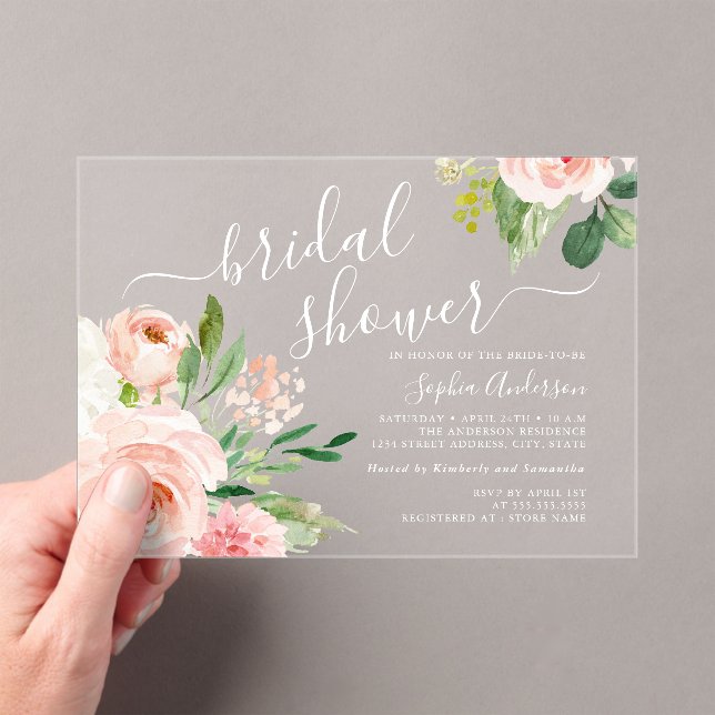 Script Blush Floral Bridal Shower Acrylic Invitations (Insitu (Handheld))
