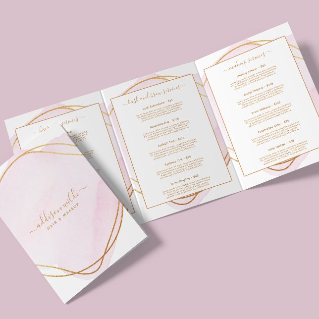 Script Blush Pink Watercolor Gold Salon Brochure (Creator Uploaded)