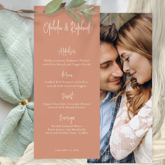 Script Boho Photo Terracotta Wedding Menu Card (Menu Front and back view available printed or digitally. Optional add your photo on the back.)