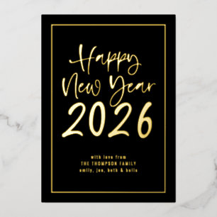 Script Border Happy New Year 2025 Photo Black Foil Holiday Card