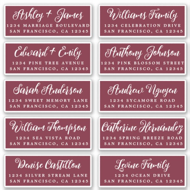 Script Burgundy Wedding Guest Address Labels (Front)