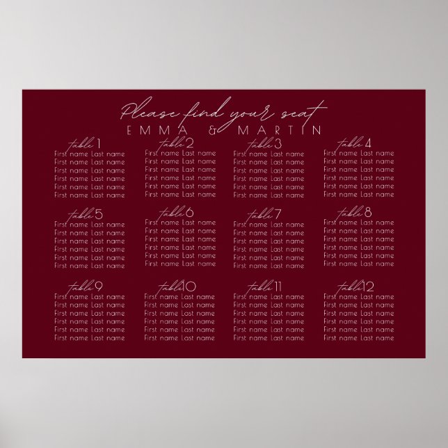 Script Burgundy Wedding Seating Chart (Front)
