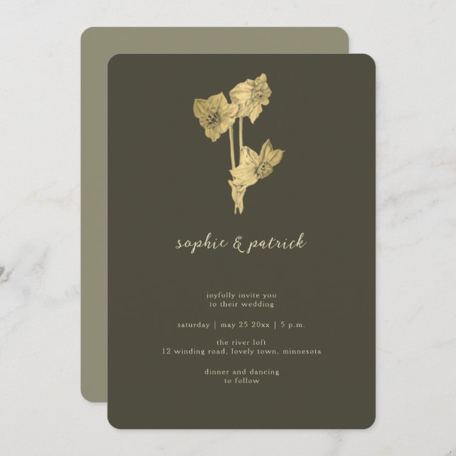 Script Calligraphy Daffodil Gold Minimal Wedding Invitation (Front/Back)