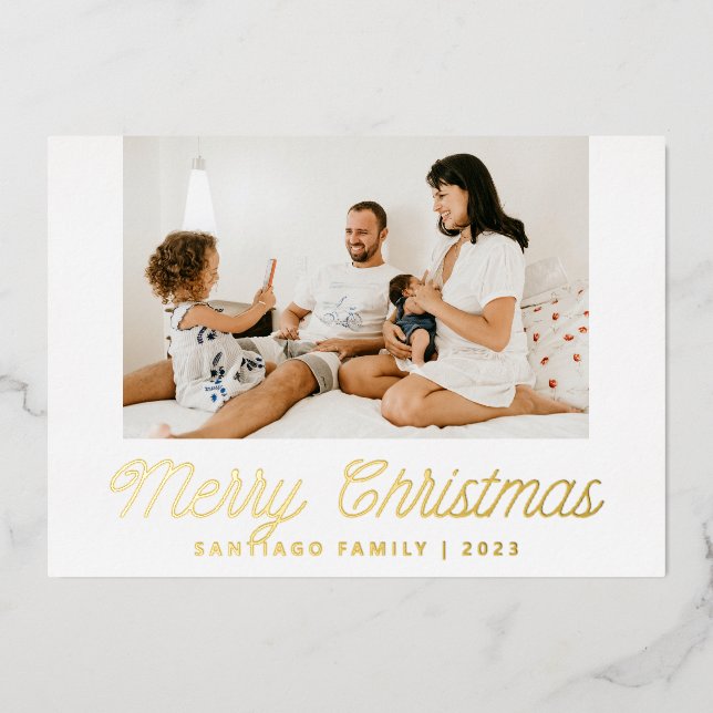 Script Calligraphy Family Photo Christmas Foil Holiday Card (Front)