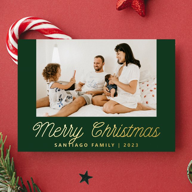 Script Calligraphy Family Photo Green Christmas Foil Holiday Card (Creator Uploaded)