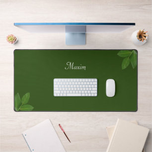 Script Calligraphy & Laurel Leaves on Forest Green Desk Mat