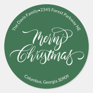 Script Calligraphy Merry Christmas Return Address Classic Round Sticker