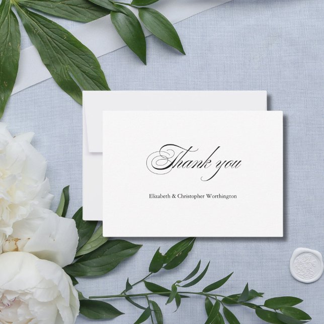 Script Calligraphy Minimal Elegant Classic Wedding Thank You Card (Black White Minimalist Calligraphy Wedding thank you card. Personalize with your names)