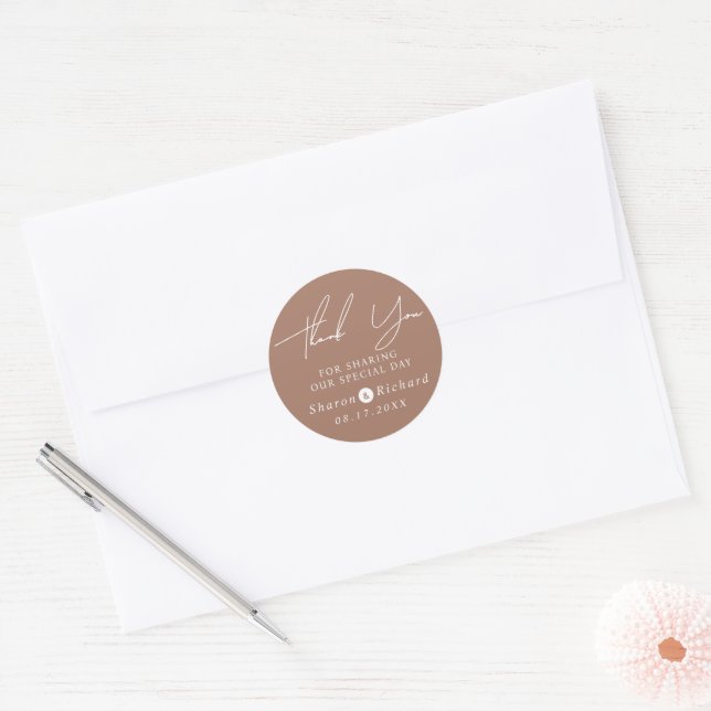 Script calligraphy mocha brown wedding Thank You Classic Round Sticker (Envelope)