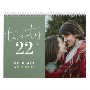 Script Calligraphy Newly Wed Photo Sage Green Calendar