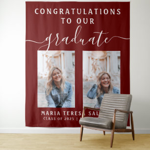 Script Calligraphy Two Photo Graduation Maroon Tapestry