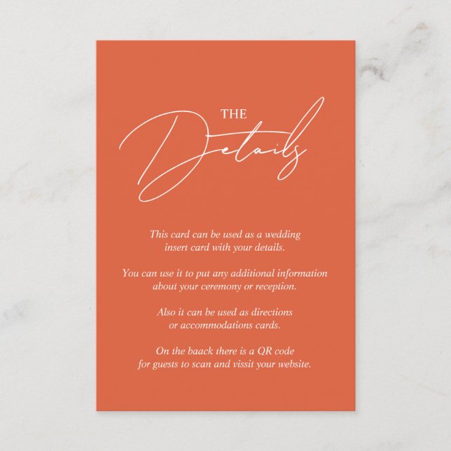 Script calligraphy Verona sunset orange QR wedding Enclosure Card (Front)
