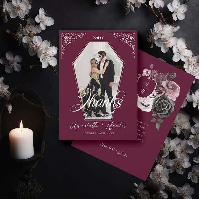 Script Coffin Photo Gothic Halloween Wedding  Thank You Card (Script Coffin Photo Gothic Halloween Wedding Thank You Burgundy Card)