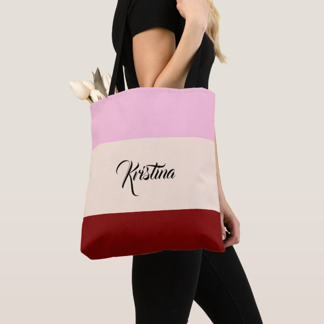 Script Colour Block Light Pink Beige & Maroon Tote Bag (Close Up)
