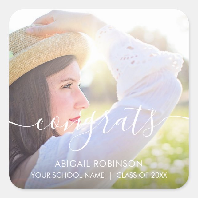 Script Congrats Graduation Photo Custom Square Sti Square Sticker (Front)