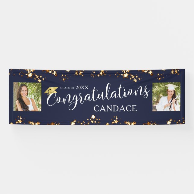 Script CONGRATULATIONS Photo Stars Navy Blue Banner (Horizontal)