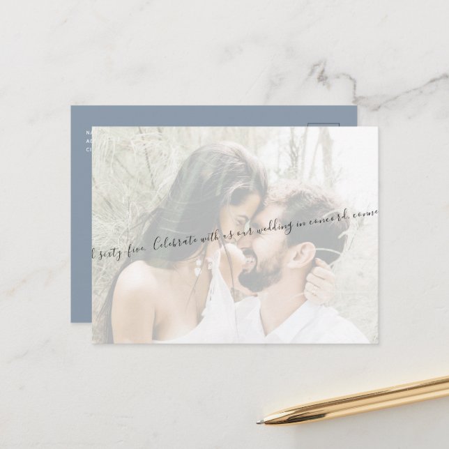  Script Couple Photo Dusty Blue Save the Date Announcement Postcard (Front/Back In Situ)