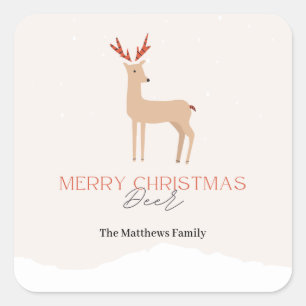 Script Creamy Biege Christmas Deer & Family Name  Square Sticker