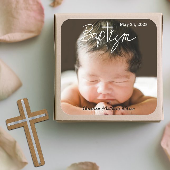 Script Cross Christening Religious Baptism  Square Sticker (Creator Uploaded)
